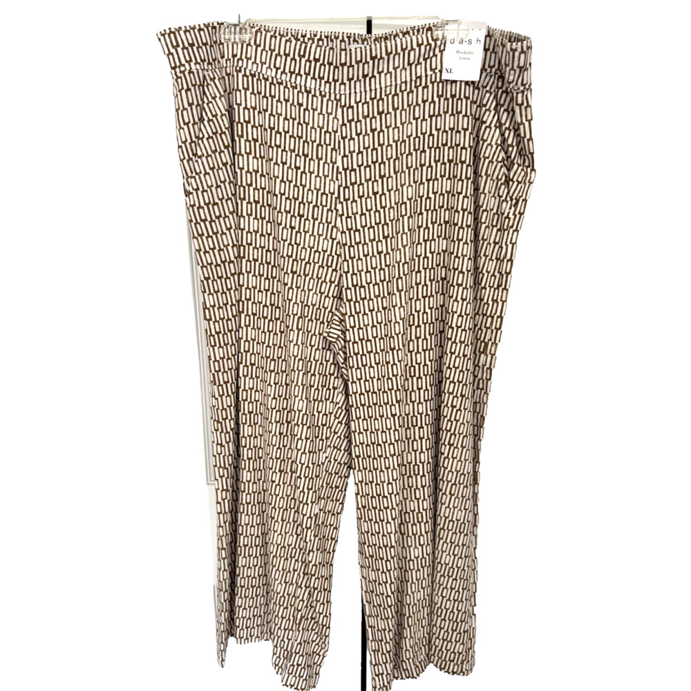 Dash Womens XL Linen Blend Pants Wide Leg Pants Casual Brown White Geometric
